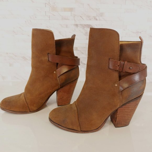 Rag Bone Boots 37.5 Leather Boots 7.5 Pull On Brown Heeled Harness Suede Kinsey - Picture 2 of 12